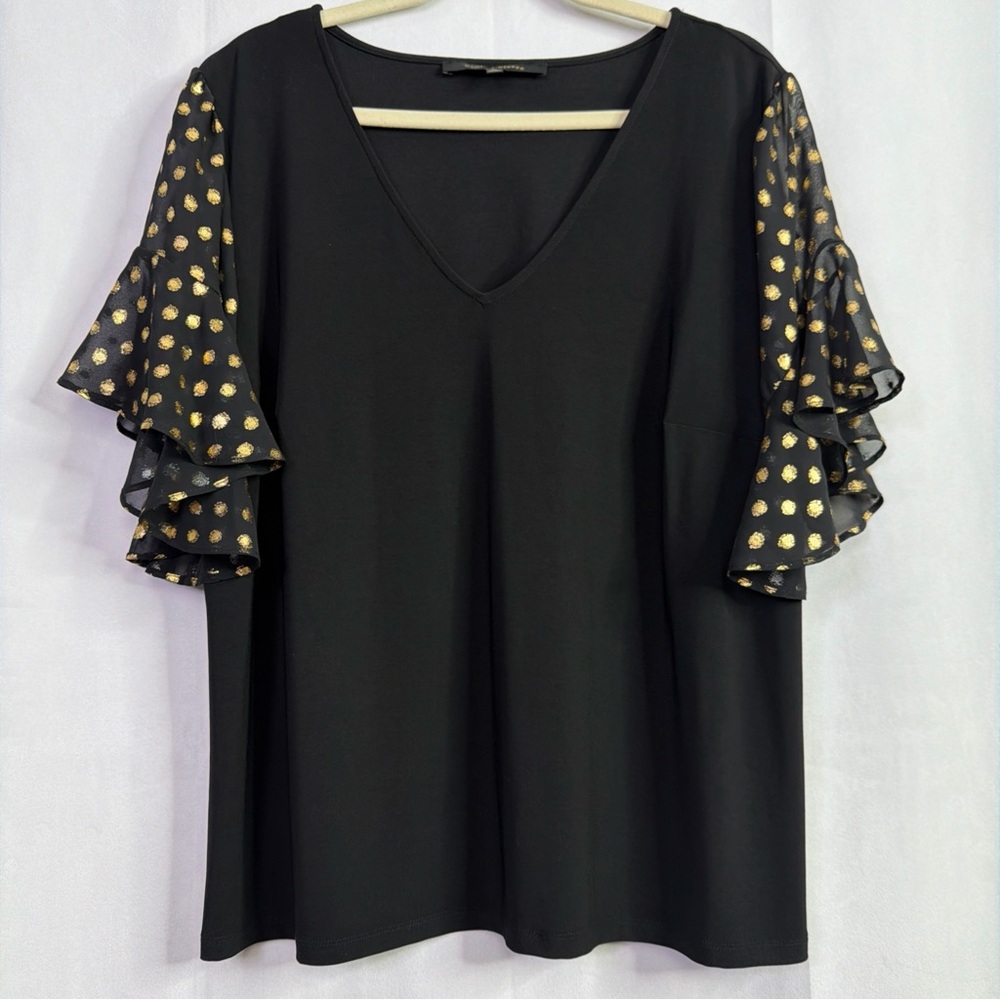 Cynthia Steffe Black Ruffled Gold Polkadot Sheer Sleeve Knit Stretch Top